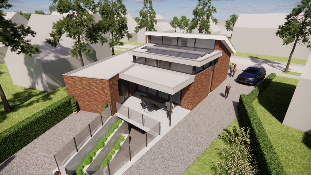 Afbeelding van Moderne vrijstaande woning in metselwerk met lessenaarsdak met vlakke dakpannen en verholen dakgoot - fb4d5532-a7d9-4a04-8acc-1fbba6d542bb