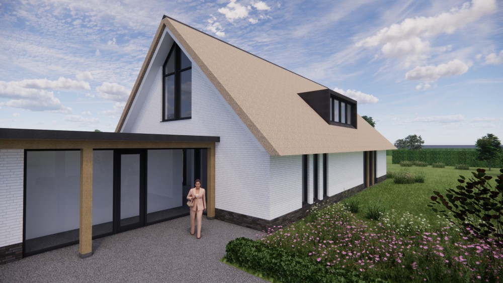 Afbeelding van Moderne L-vormige woning met rieten zadeldak en gekeimde gevels - 1c6a0366-39c2-4c5e-9de1-43f281d360f8