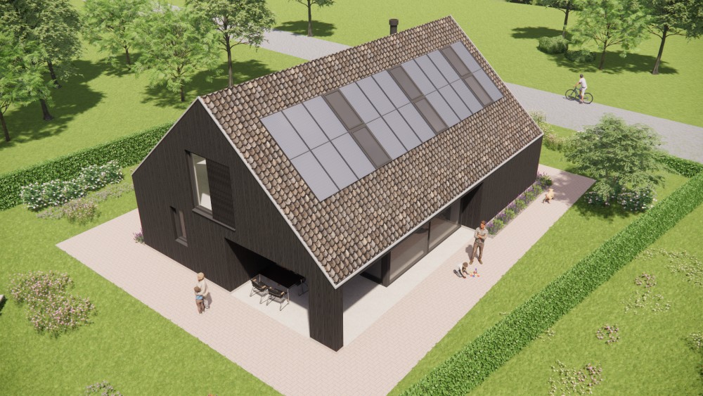 3D Render van landelijke schuurwoning met houten gevel, zadeldak en buiten shutters 9
