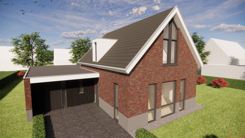 Afbeelding van Vrijstaande moderne woning met rood metselwerk en zadeldak met gegolfde dakpannen - 7b42fe5a-8dd0-4f85-a1c9-40271e30c742