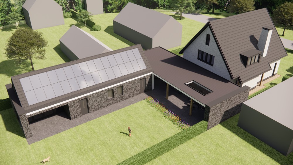 3D Render van moderne vrijstaande woning met gekeimd metselwerk en zadeldak met vlakke dakpan 8