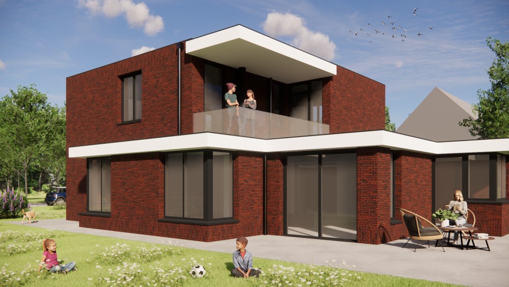 Afbeelding van Kubistische woning van donkerrood metselwerk met hoekkozijn en balkon - 5de84e53-b196-4dd2-b743-cf7ec4333a4b