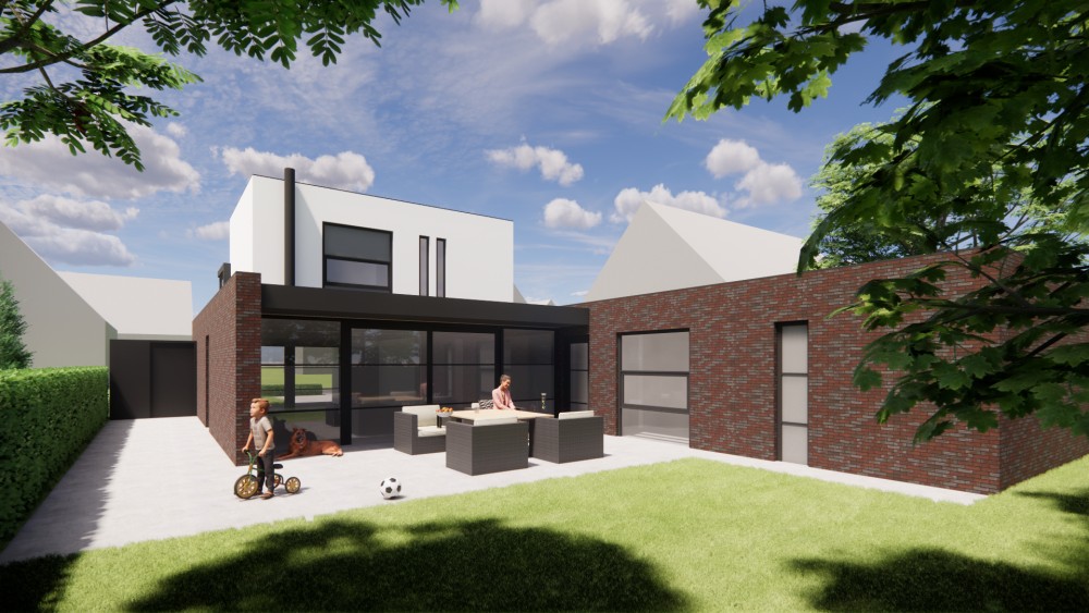 Afbeelding van Kubuswoning met wit pleisterwerk en afgeronde hoekpartij - 309eee28-1061-47d2-adab-24ae67d0e795