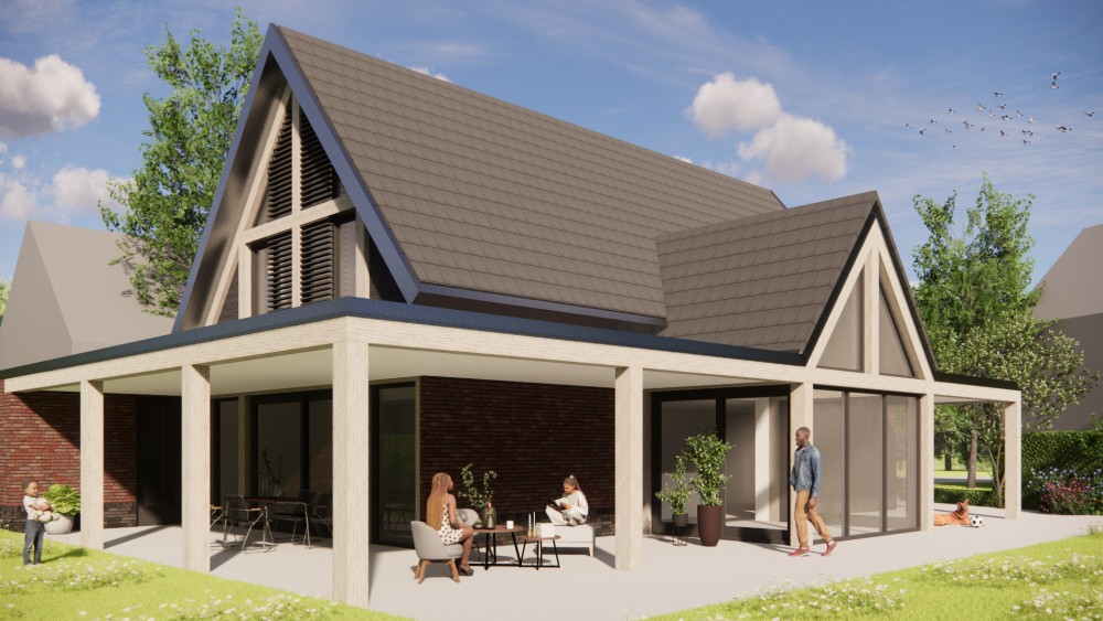 Afbeelding van Moderne vrijstaande woning met metselwerk gevels en zadeldak met vlakke dakpannen - 19ad7d62-5ae7-4e72-ba8a-a8bdb4e65ebe