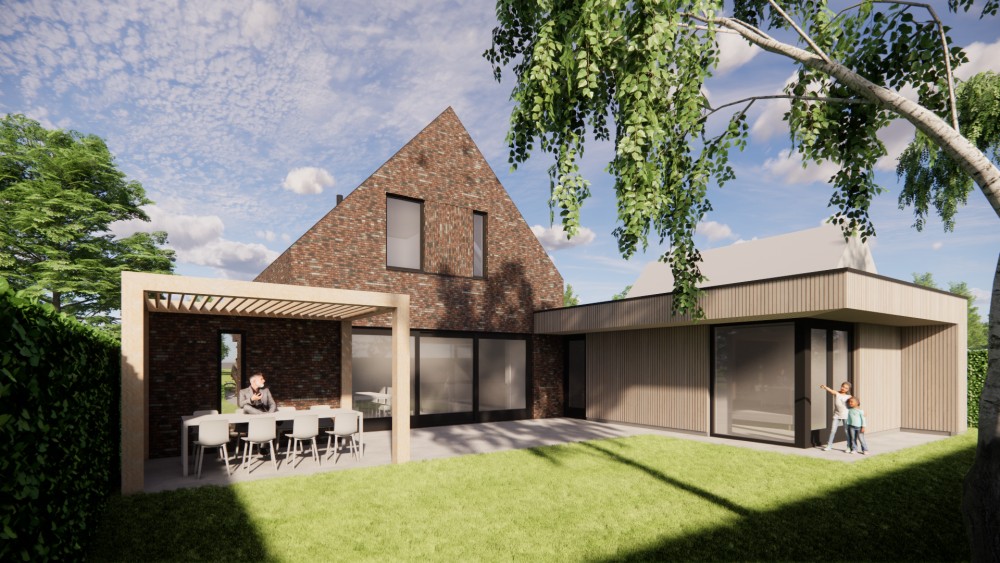 Afbeelding van Moderne woning met metselwerk gevels, hoekkozijnen en houten accenten - d0f5d24e-dcba-4b7c-92c4-5a8ef516602b