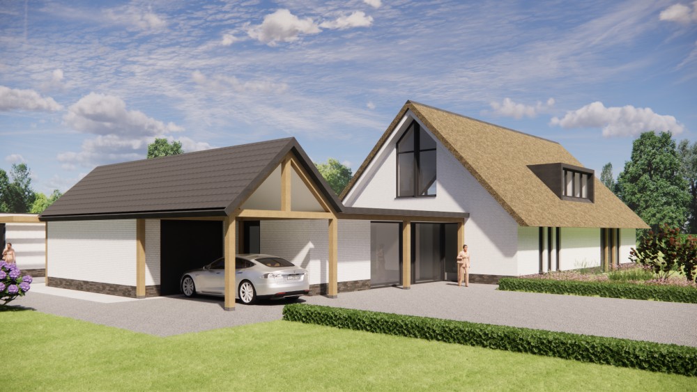 Afbeelding van Moderne L-vormige woning met rieten zadeldak en gekeimde gevels - 1c6a0366-39c2-4c5e-9de1-43f281d360f8