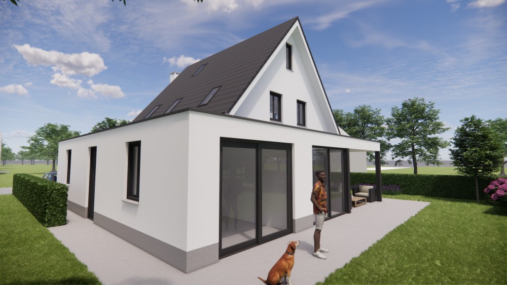 3D Render van gepleisterde gezinswoning met zadeldak, houten kozijnen en ingetogen detaillering 6