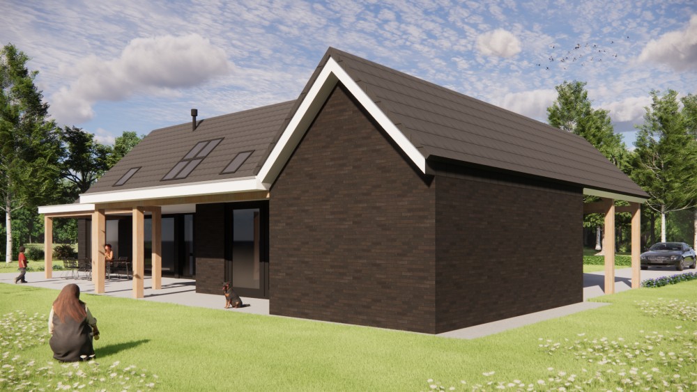 3D Render van eigentijdse schuurwoning met houten gevel en royale dakoverstek 5