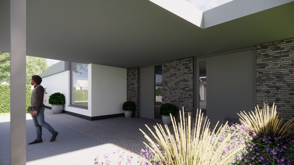 3D Render van vrijstaande kubistische woning met pleisterwerk en plat dak 7