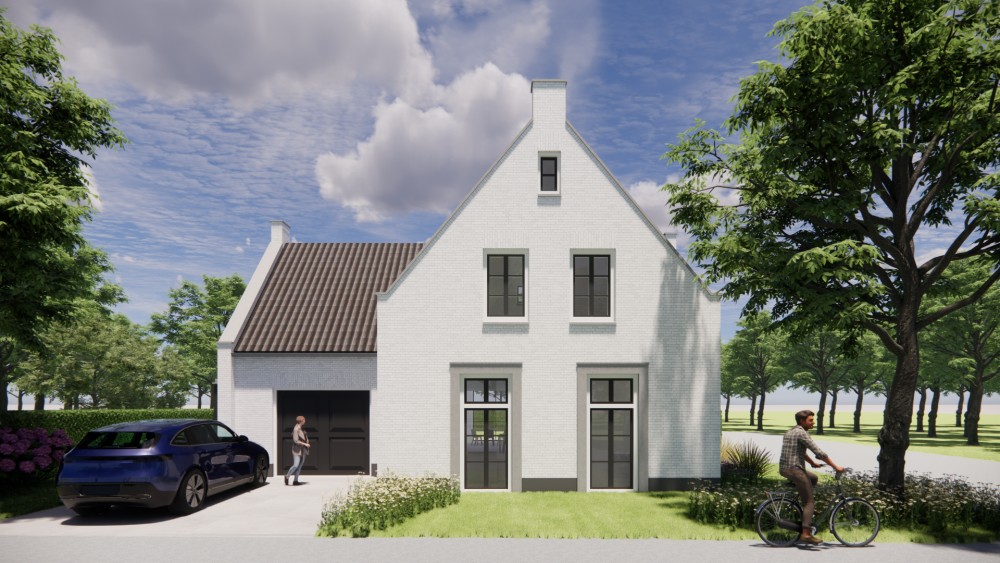 3D Render van jaren 30 woning met wit gekeimd metselwerk schoorsteen en zadeldak met gegolfde dakpannen 6