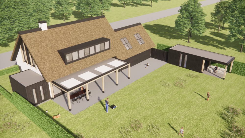 3D Render van landelijke woning met rieten kap, witte gevels en houten accenten 8
