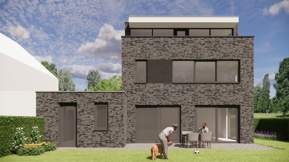 3D Render van kubistische vrijstaande woning met zwart en grijs metselwerk, plat dak en dak overstek 6