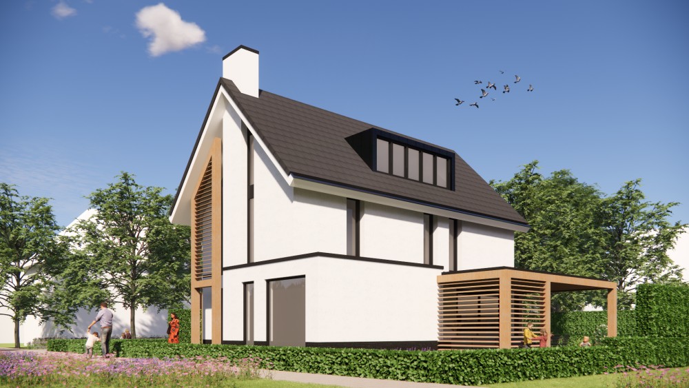 3D Render van moderne woning met strak pleisterwerk, houten accenten en royale overstekken 4