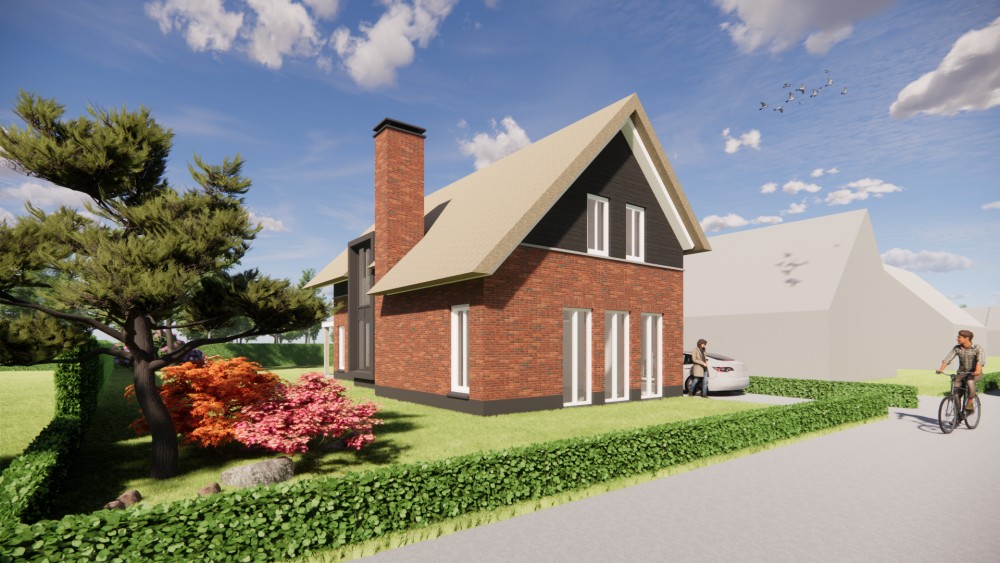 3D Render van traditionele woning met rieten kap en warmrode bakstenen gevel 1