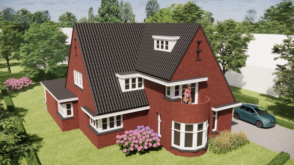 3D Render van vrijstaande jaren 30 woning in metselwerk met zadeldak en gegolfde dakpannen 10
