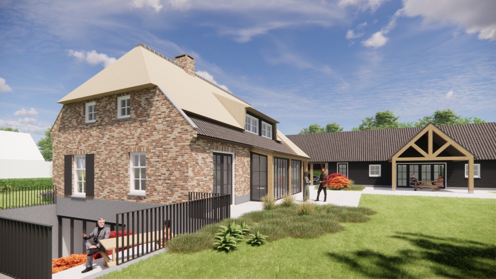 Afbeelding van Landelijke boerderijwoning met rieten wolfsdak en metselwerk met houten accenten - 6635d8b0-74b1-40bd-83d8-d9b409c96c73