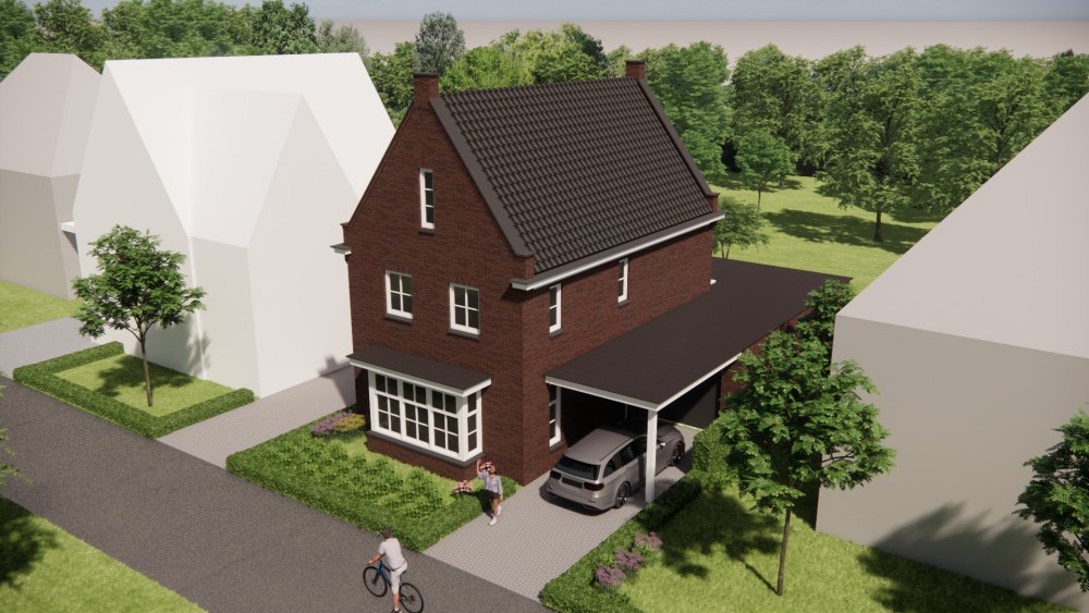 3D Render van vrijstaande jaren 30 woning met metselwerk, erker en zadeldak met gegolfde dakpannen 7