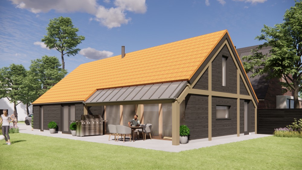Afbeelding van Vrijstaande schuurwoning met houten gevel, zadeldak met vlakke dakpannen en overdekte entree - 68a113fc-7bc2-4630-9f56-0b4bb4d73e05