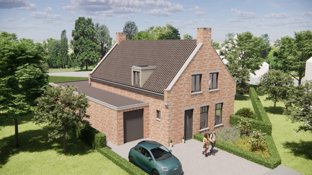 3D Render van vrijstaande Kempische woning in metselwerk met zadeldak en gegolfde dakpannen 9