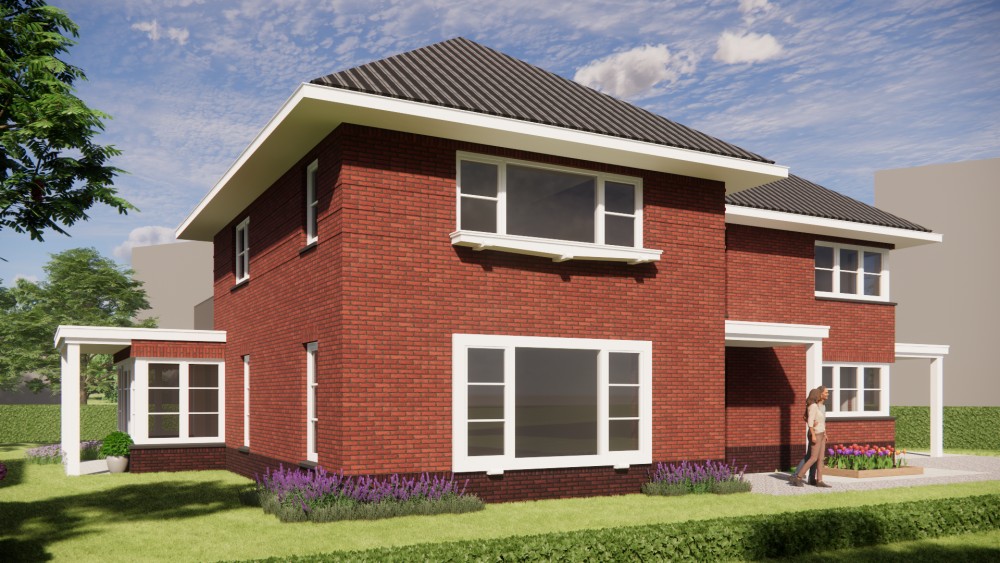 3D Render van vrijstaand jaren 30 huis met metselwerkgevels en schilddak met gegolfde dakpannen 4