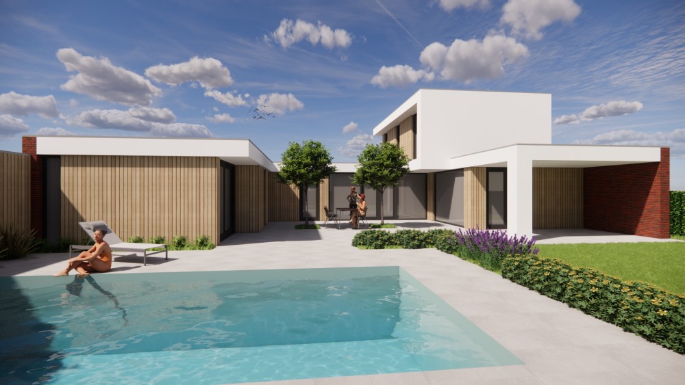 Afbeelding van Kubistische woning met wit pleisterwerk, houtaccenten en strak vormgegeven buitenruimte - 79a2baf9-4826-4fd7-a007-6247e070dc71