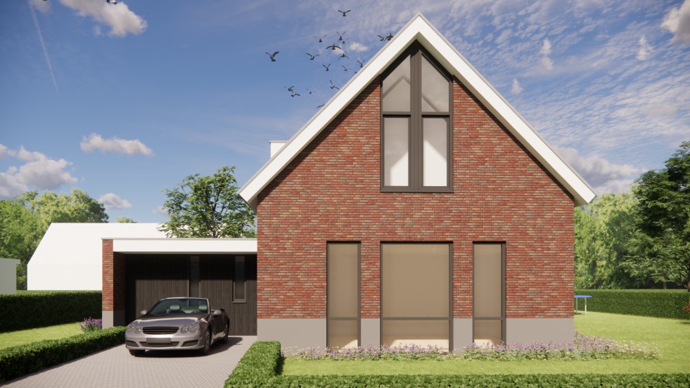 3D Render van moderne woning met zadeldak, rood metselwerk en vlakke dakpannen 4
