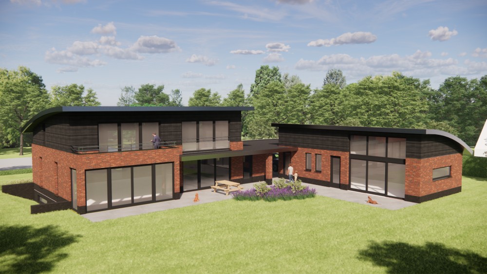 3D Render van eigentijdse vrijstaande woning met gebogen groendak, metselwerkgevels en houten accenten 5