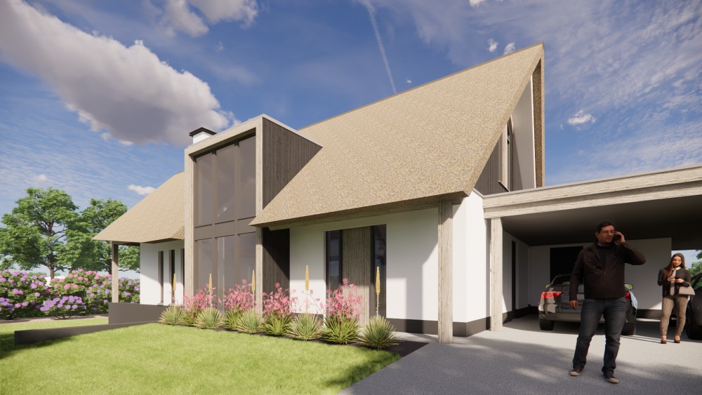 Afbeelding van Moderne vrijstaande woning met rieten zadeldak witte pleistergevel en houtaccenten - 700535c5-23ff-42ed-a736-87e5ef86d7f4