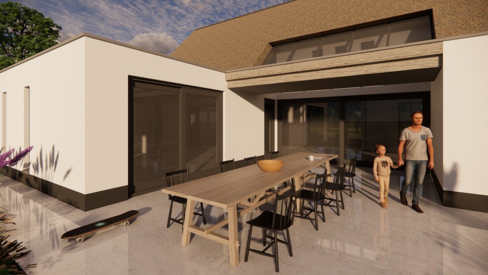 Afbeelding van Moderne vrijstaande woning met rieten zadeldak witte pleistergevel en houtaccenten - 700535c5-23ff-42ed-a736-87e5ef86d7f4