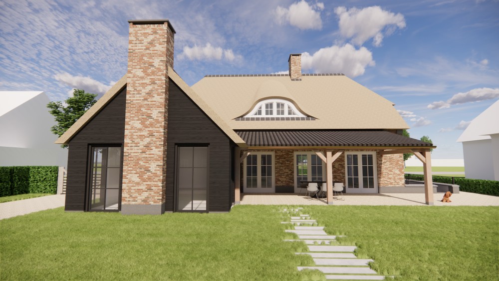 3D Render van boerderijwoning met rieten wolfsdak en houten accenten 6