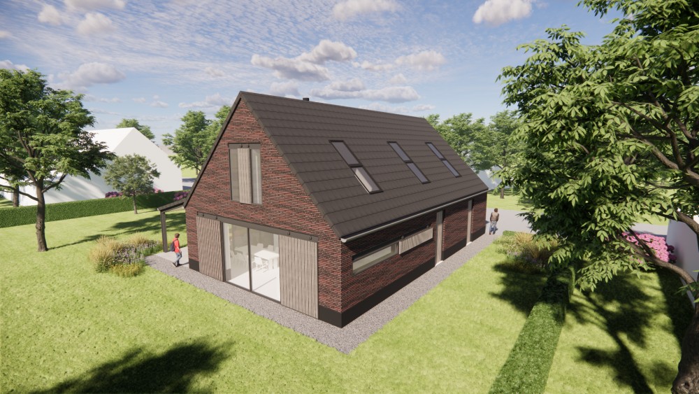 3D Render van vrijstaande schuurwoning met metselwerk gevels en zadeldak met vlakke dakpan 5