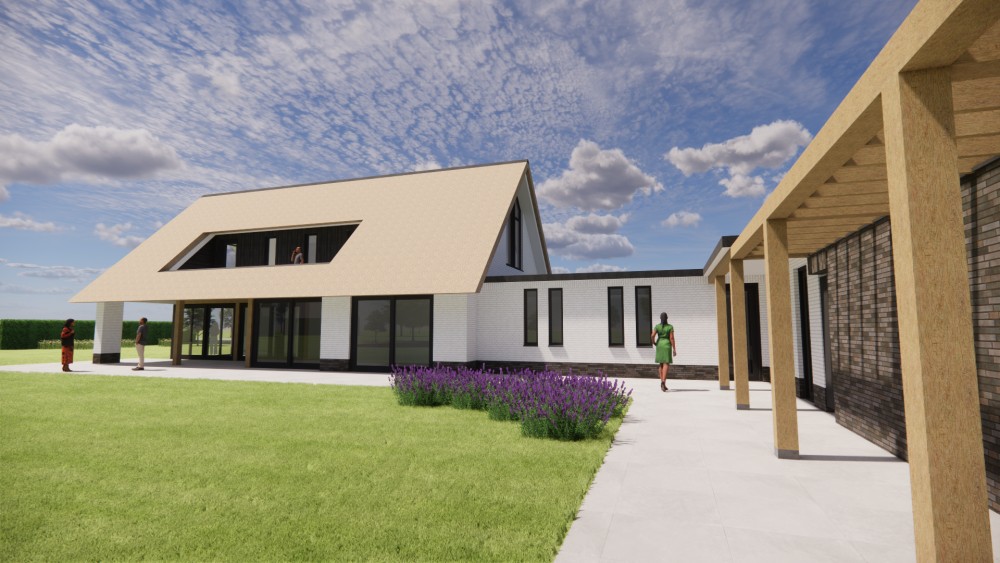3D Render van moderne L-vormige woning met rieten zadeldak en gekeimde gevels 5