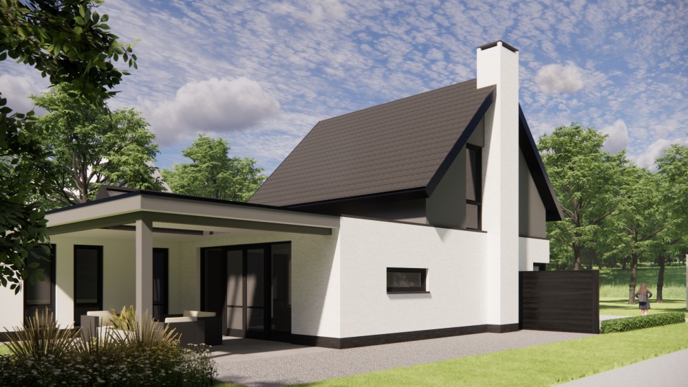 3D Render van vrijstaande moderne woning met wit gekeimd metselwerk, zadeldak met vlakke dakpan en houtaccenten 5