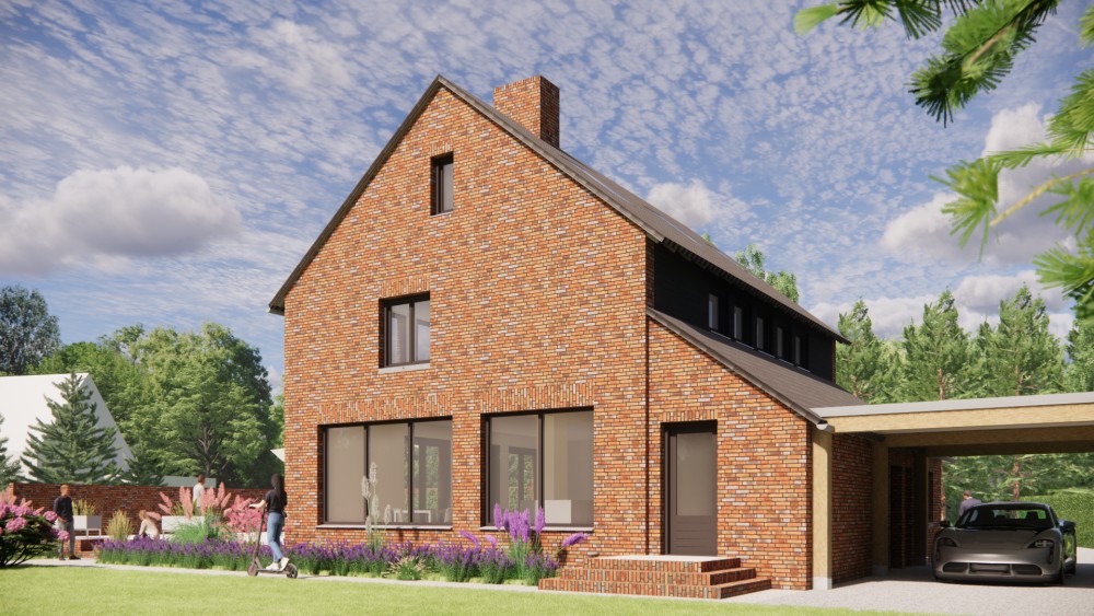 3D Render van woning met zadeldak in gegolfde dakpannen en roodbruin metselwerk met dakkapel 6