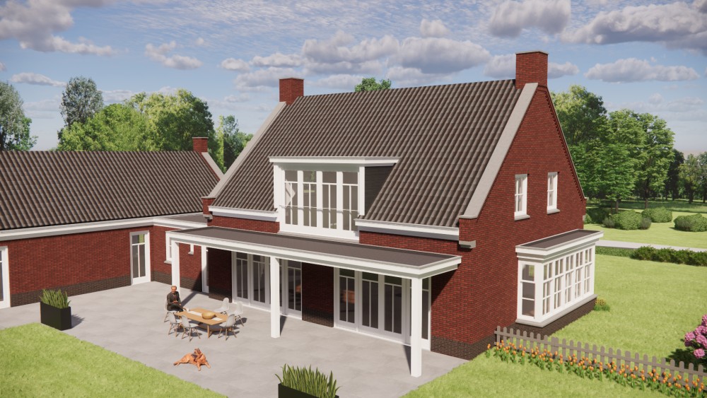 3D Render van traditionele notariswoning met metselwerk gevels, zadeldak en erker 9