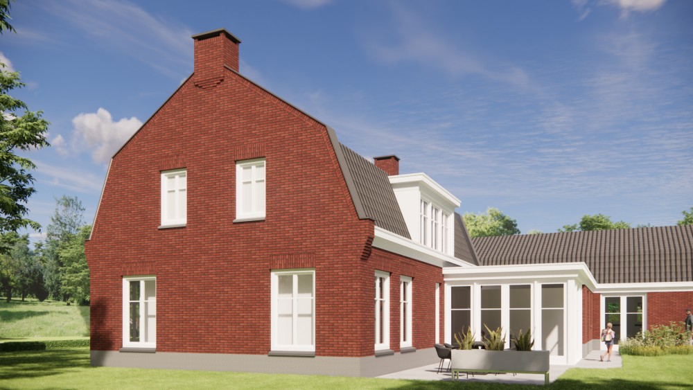 3D Render van vrijstaand woonhuis in jaren 30 stijl met metselwerkgevel en mansardedak met gegolfde dakpannen 8