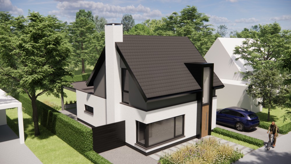 3D Render van vrijstaande moderne woning met wit gekeimd metselwerk, zadeldak met vlakke dakpan en houtaccenten 8