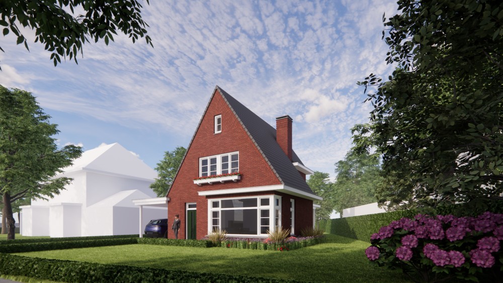 3D Render van vrijstaande woning in jaren 30 stijl met metselwerk gevels en zadeldak met gegolfde dakpannen 6