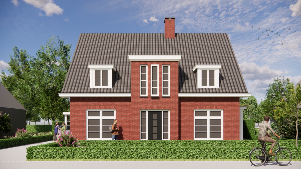 3D Render van traditionele notariswoning met metselwerkgevel, dakkapel en risaliet 5