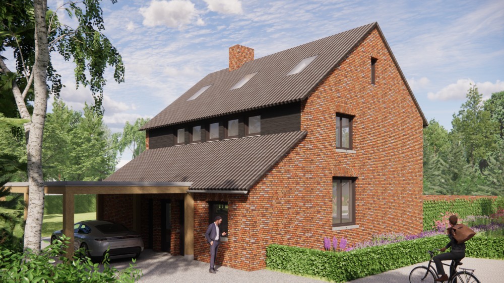 Afbeelding van Woning met zadeldak in gegolfde dakpannen en roodbruin metselwerk met dakkapel - 4c04321f-6a7b-416b-b5c6-c01dac33a707