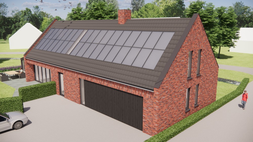 3D Render van vrijstaande moderne woning in rood metselwerk met zadeldak in vlakke dakpannen en houtaccenten 8