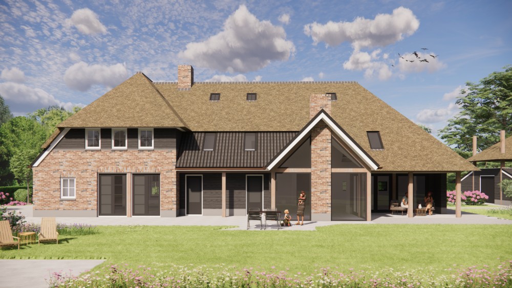 3D Render van landelijke tweekapper met rieten schilddak en houten geveldelen 5