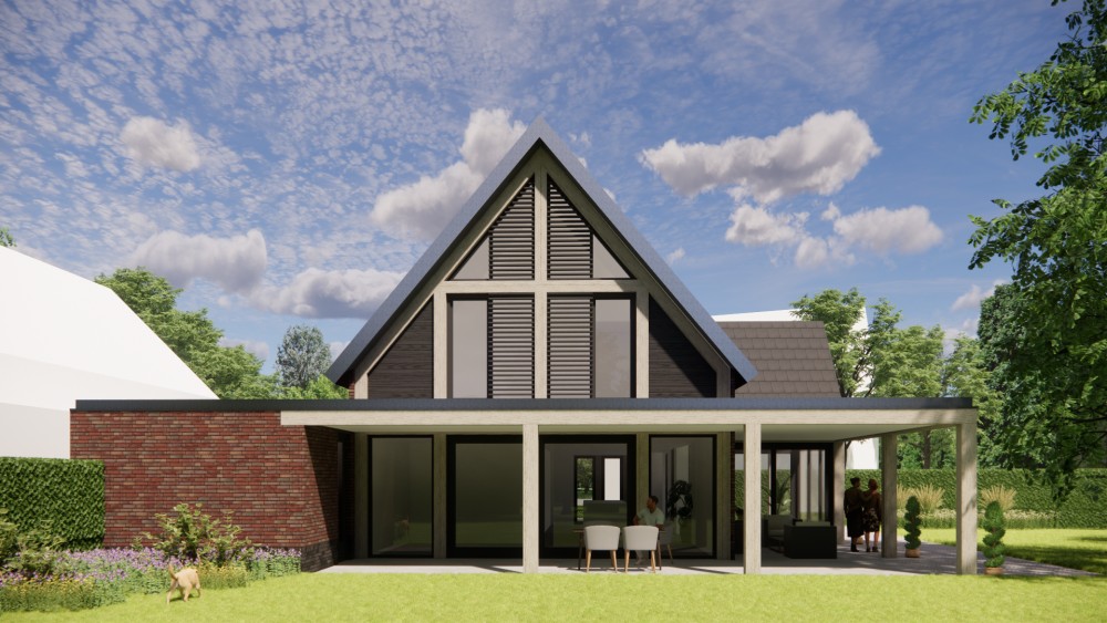 3D Render van moderne vrijstaande woning met metselwerk gevels en zadeldak met vlakke dakpannen 4
