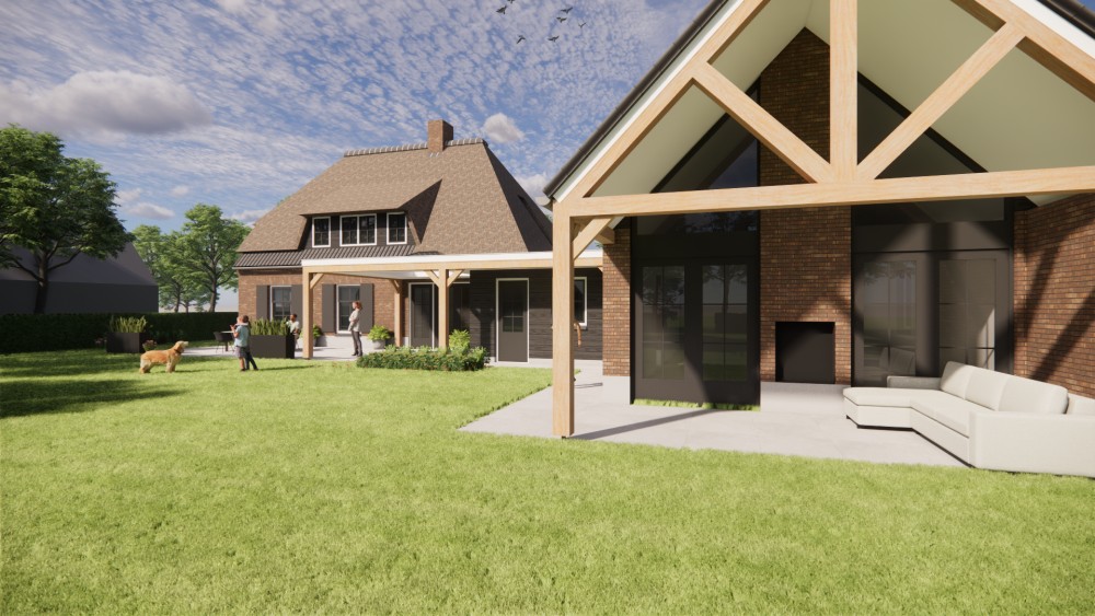 3D Render van vrijstaand landelijk huis met metselwerk gevels en wolfsdak in riet en gegolfde pannen 4