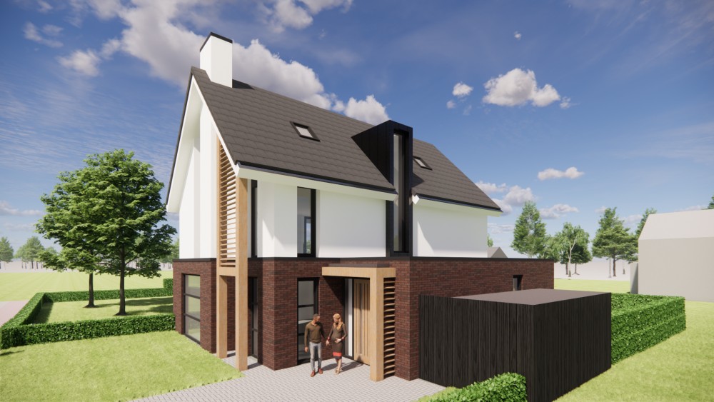 Afbeelding van Witgepleisterde moderne woning met risaliet, houten accenten en vlakke dakpannen - 65f24f52-01a6-4737-8a4b-ec7e112b827d