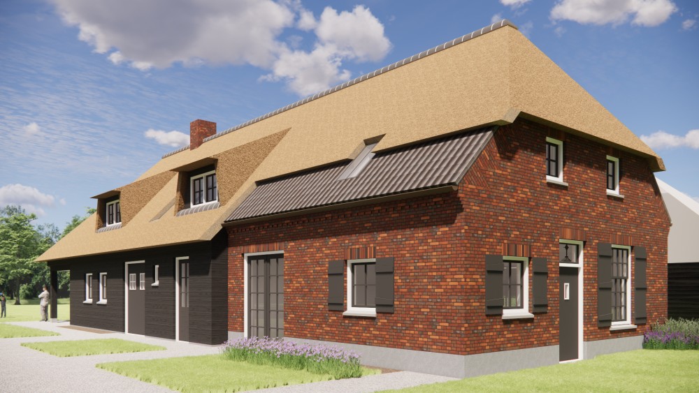 Afbeelding van Rietgedekte landelijke woning met rood metselwerk en houten accenten - c52dae6b-876f-4c54-ae88-a65d0093bb82