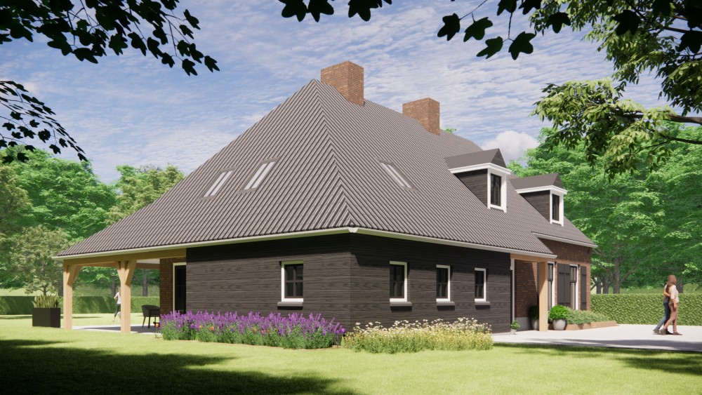 3D Render van landelijke boerderijwoning in metselwerk met wolfsdak met gegolfde dakpannen en houten accenten 6