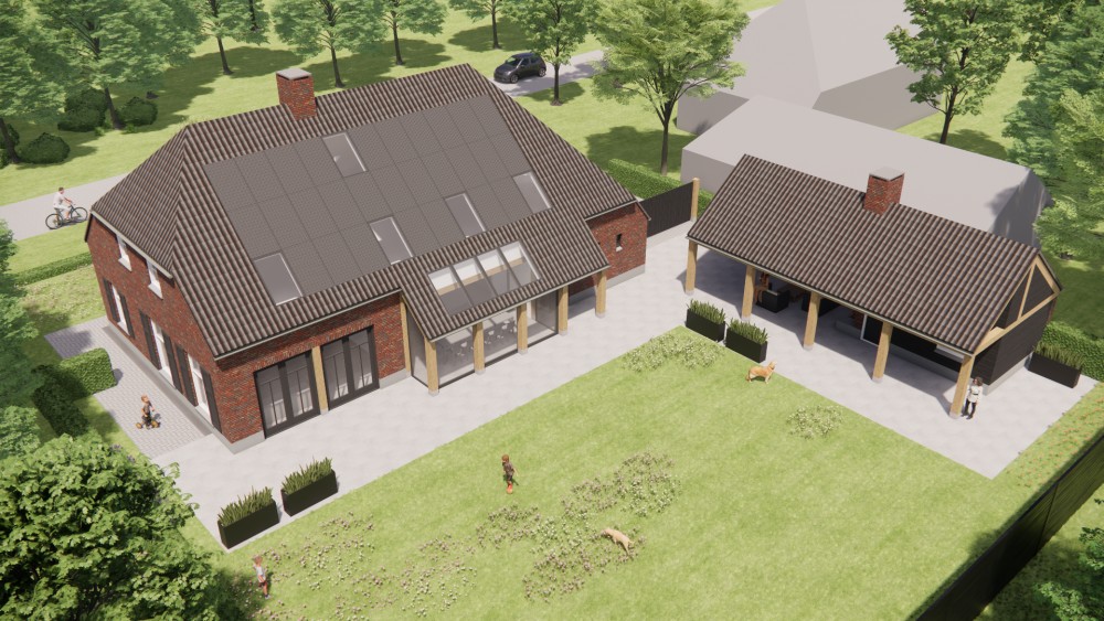 3D Render van landelijke boerderijwoning met wolfsdak, gegolfde dakpannen en houten accenten 8