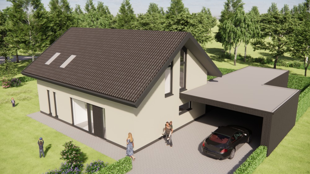 3D Render van strakke moderne woning met pleisterwerk gevels, hoekkozijnen en houten accenten 7