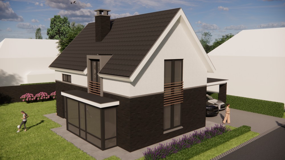 3D Render van vrijstaande eigentijdse woning met metselwerkgevel en zadeldak met vlakke dakpannen 8